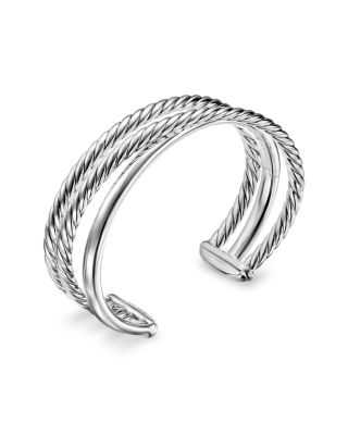 Bold Crossover Three Row Cuff Bracelet in Sterling Silver, 19mm
