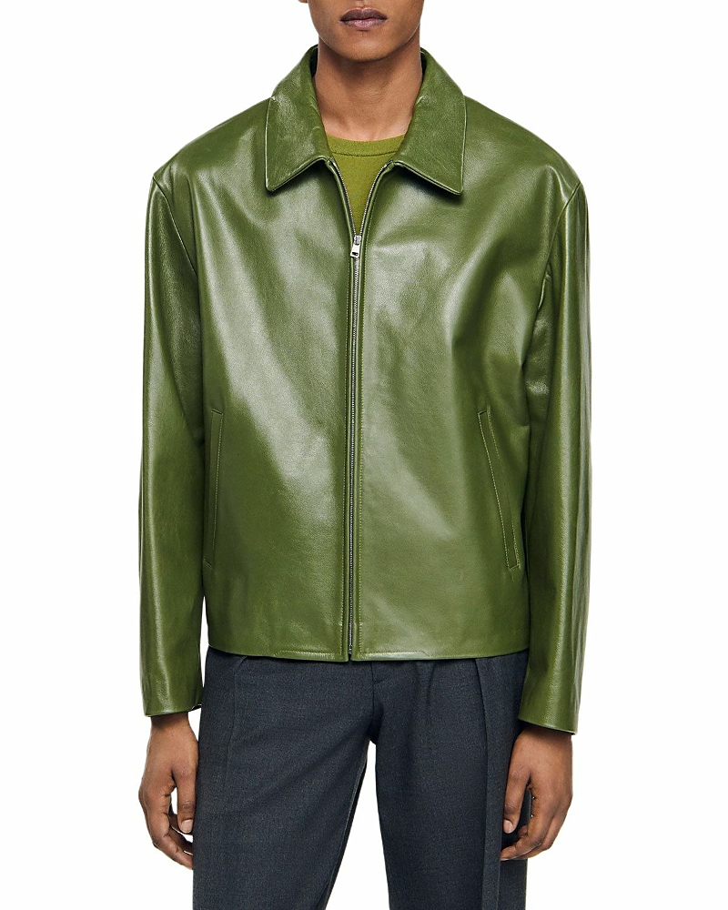 Sandro Zip-up Leather Jacket In Green