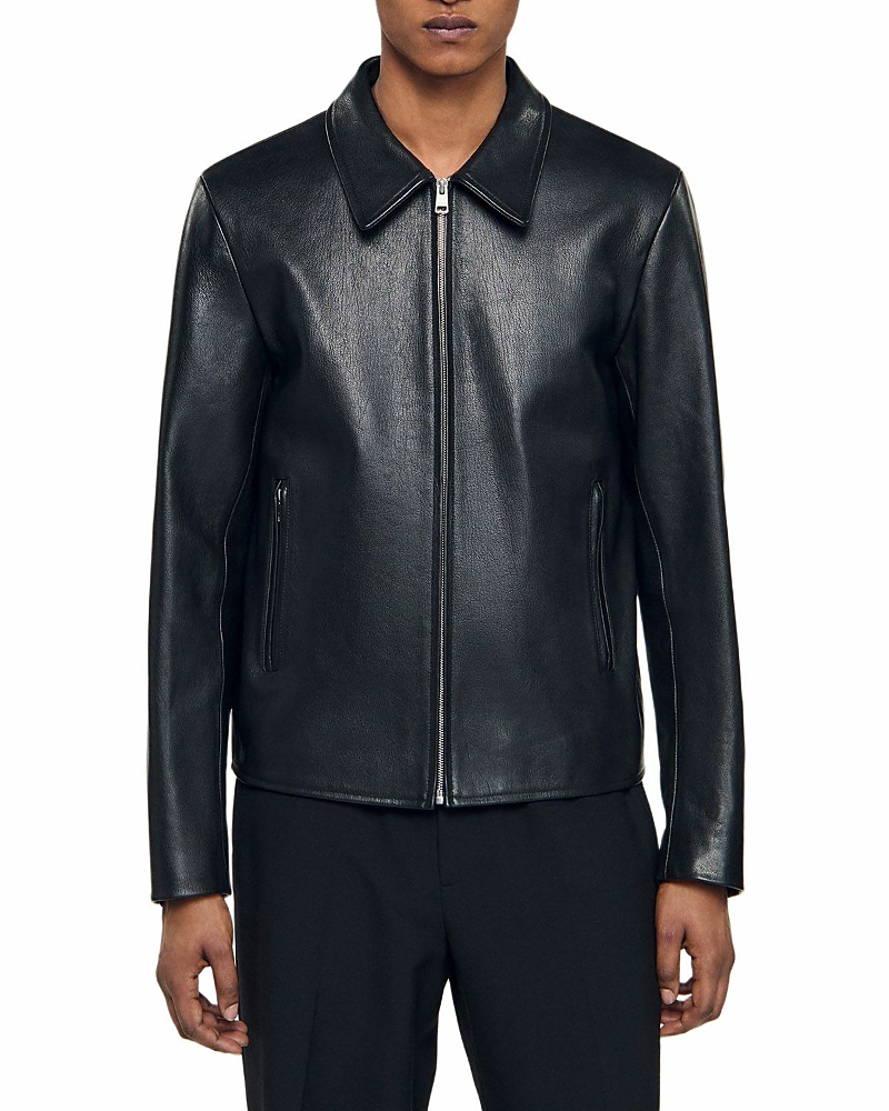Sandro Leather Zip Front Jacket In Black