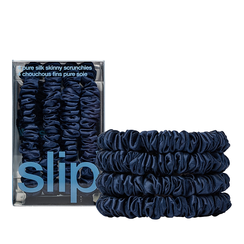 Slip Pure Silk Back To Basics Skinny Scrunchies In Navy, Set Of 4 In Blue