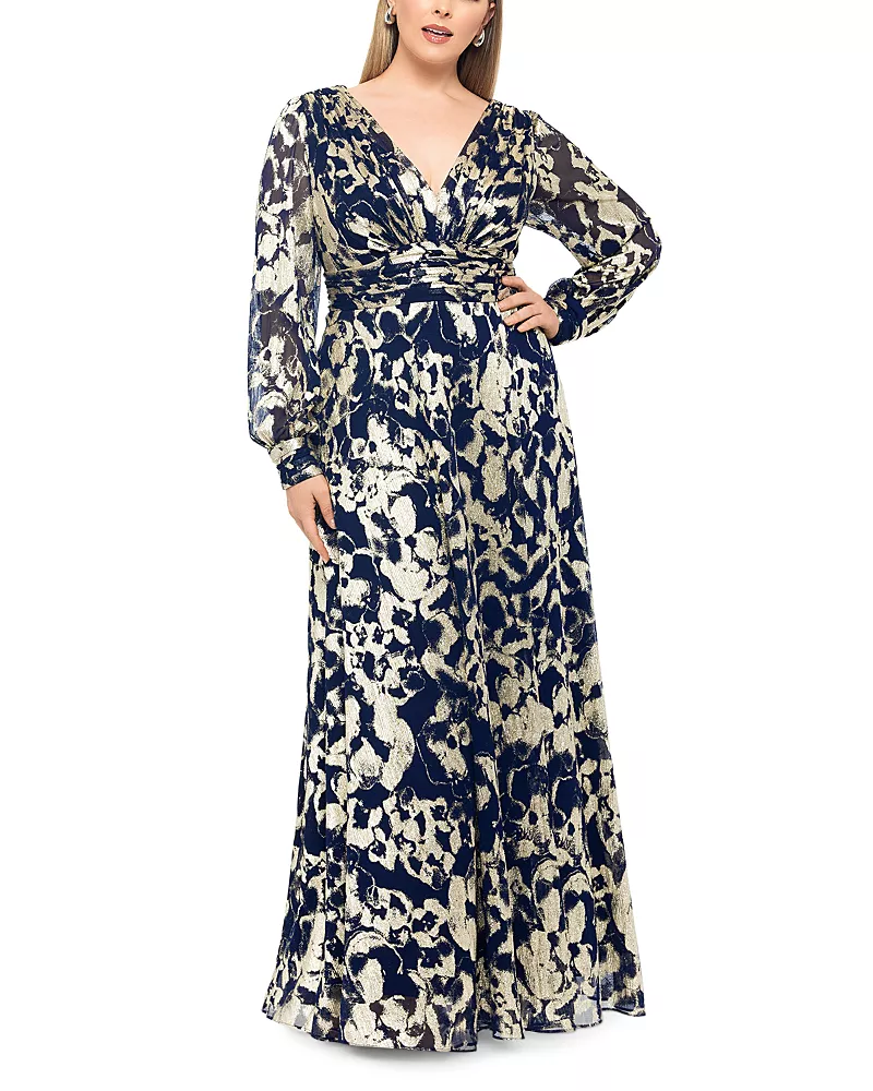 Betsy & Adam Plus Foil Printed Mesh Gown