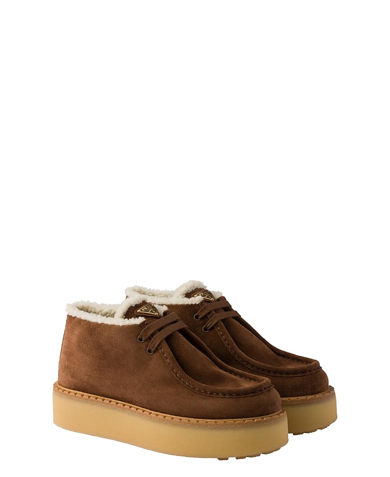 Prada Suede Shearling Lace-up Booties In Brown