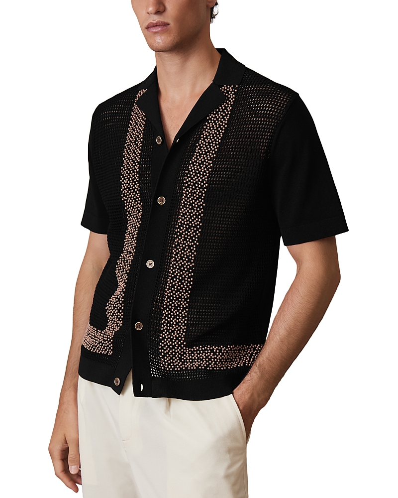 Reiss Che Accra Mesh Beaded Camp Shirt In Black
