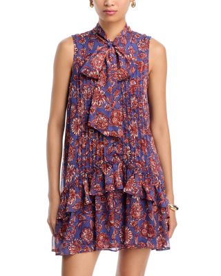 AQUA - Printed Tie Neck Ruffle Dress - Exclusive
