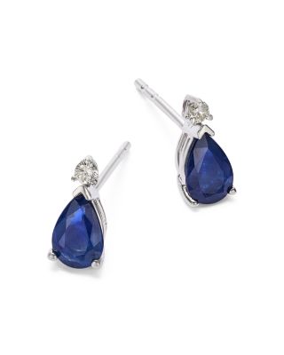 Blue Sapphire & Diamond Pear Stud Earrings in 14K White Gold