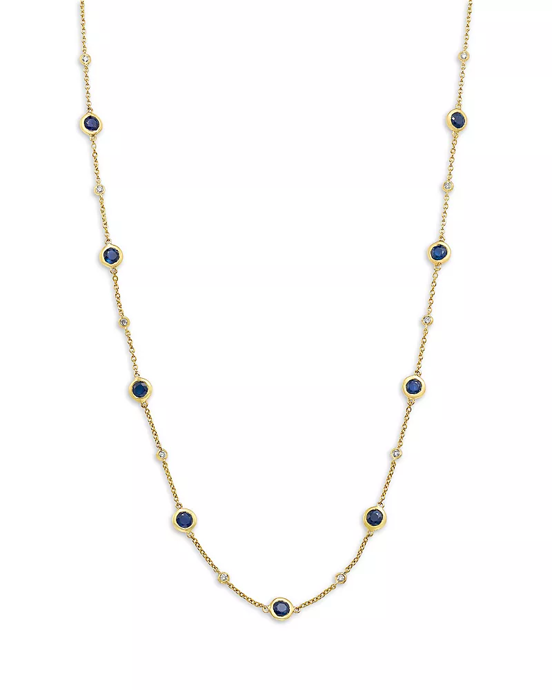 Bloomingdale's Fine Jewelry Blue Sapphire & Diamond Bezel Station Necklace in 14K Yellow Gold, 17