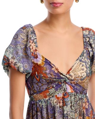 Metallic Floral Print Midi Boho Dress - Exclusive