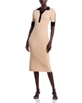 Elbow Sleeve Split V Neck Collar Rib Dress with Contrast Trim
