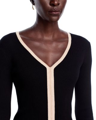 Long Sleeve V Neck Striped Ribbed Sweater