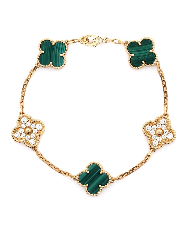 Pre-owned Pre-owned Van Cleef & Arpels Van Cleef & Arpels Vintage Alhambra 5 Motifs Bracelet 18k Gold And Malachite With Diamonds