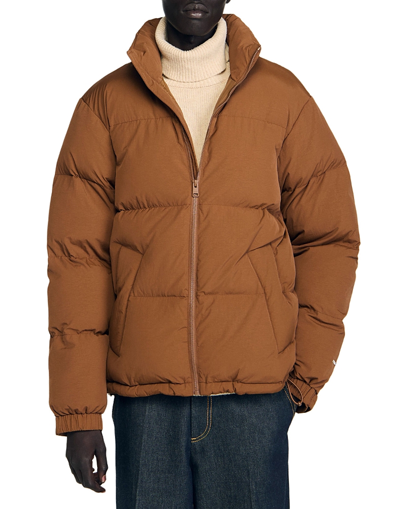 Sandro Hooded Puffer With High Collar In Brown