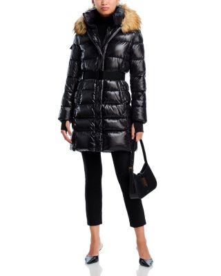 Long Belted Puffer with Faux Fur Trimmed Hood - Exclusive