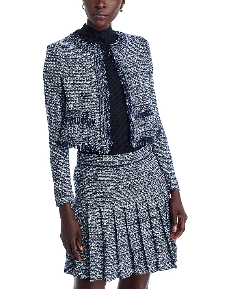 Misook Fringe Trim Tweed Jacket In Blue