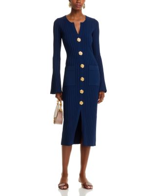 Aron Dress V Neck Button Front Slim Long Sleeve Midi Stretch Bodycon Dress