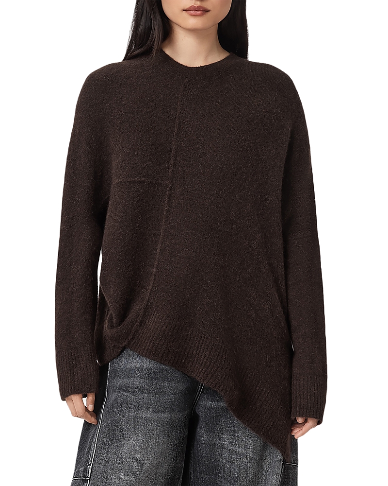 Allsaints Womens Oxblood Red Lock Asymmetric-hem Knitted Jumper Xs In Burgundy