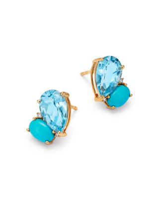 Sky Blue Topaz, Turquoise & Diamond Stud Earrings in 14K Yellow Gold