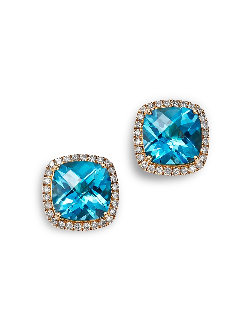 Bloomingdale's Fine Collection Blue Topaz & Diamond Cushion Halo Stud Earrings in 14K Yellow Gold