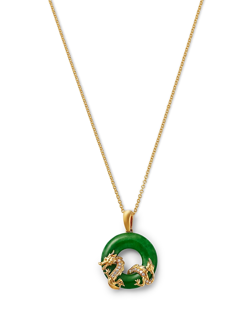 Bloomingdale's Fine Collection Dyed Jade & Diamond Dragon Circle Pendant Necklace in 14K Yellow Gold, 16