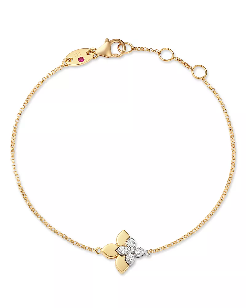 Roberto Coin 18K Yellow & White Gold Diamond Love in Verona Double Flower Bracelet, 0.09 tcw