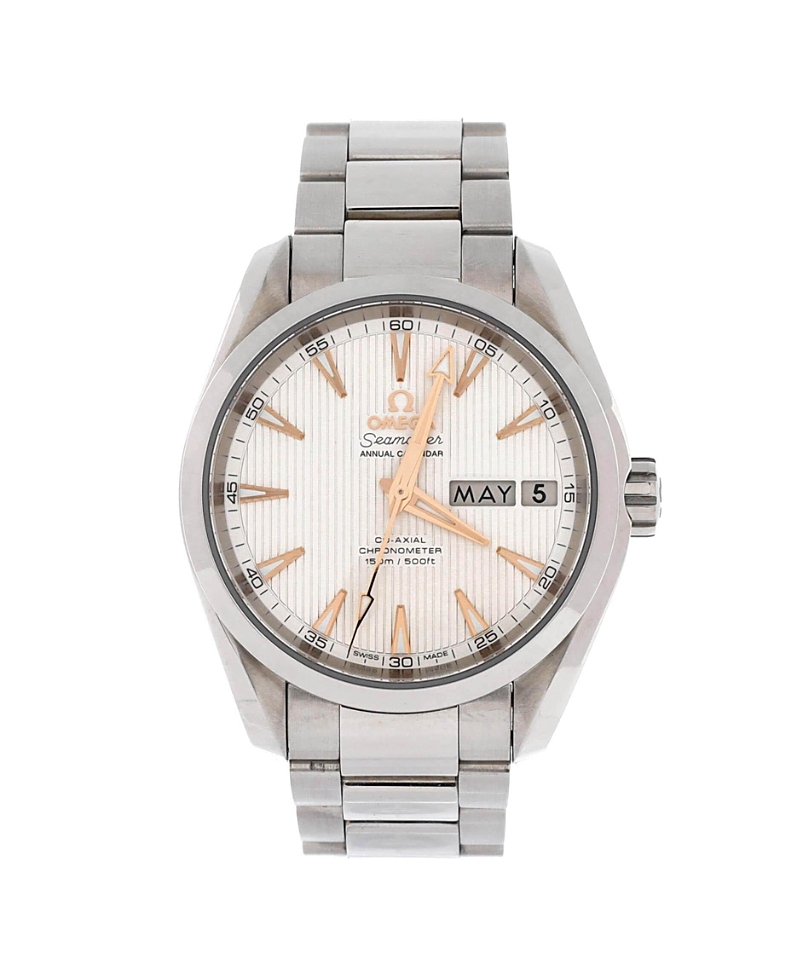 Pre-owned Pre-owned Omega Omega Seamaster Aqua Terra 150m Day-date Co-axial Chronometer Automatic Watch In Stainless In White
