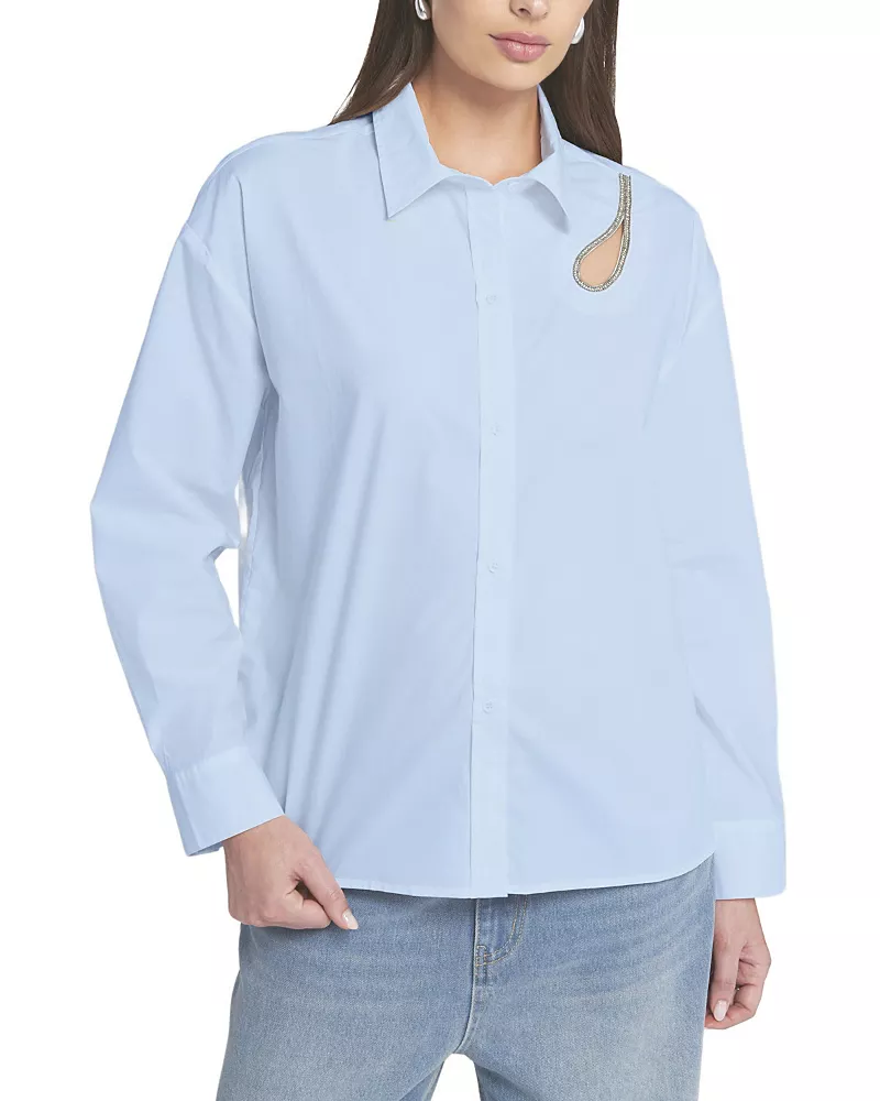 Elle Collection Rhinestone Trim Cutout Shirt