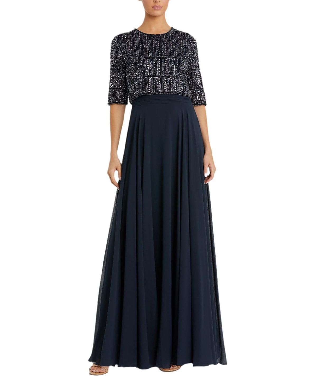 Mac Duggal Beaded 3/4 Sleeve Chiffon Gown