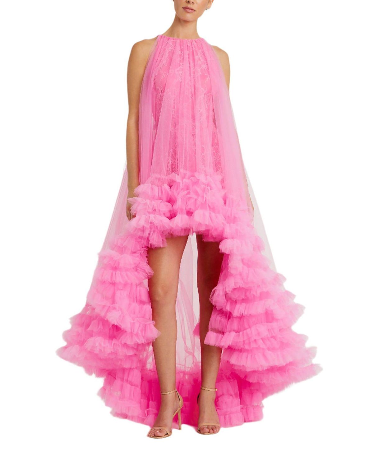 Mac Duggal Tulle High Neck Sleeveless Ruffled Hem Hi-Lo Gown