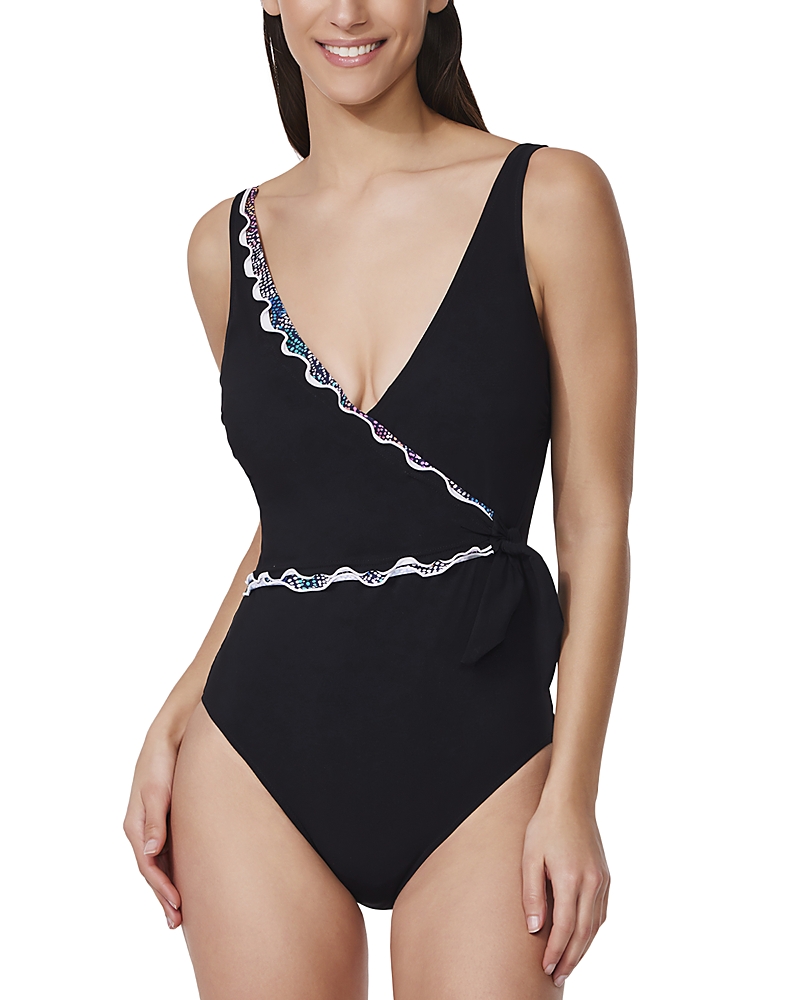 Profile By Gottex Layla Tricolore V Neck Surplice Knot One Piece Swimsuit In Black