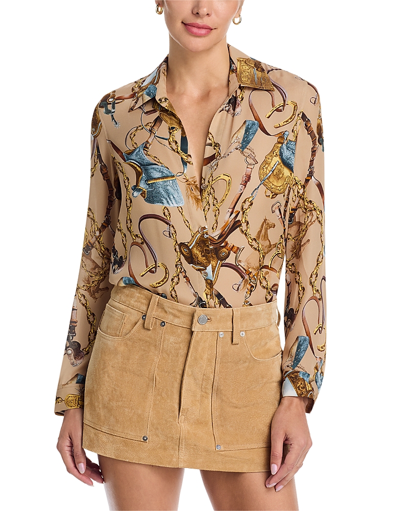 L'agence Nina Chain Print Silk Button-up Shirt In Brown