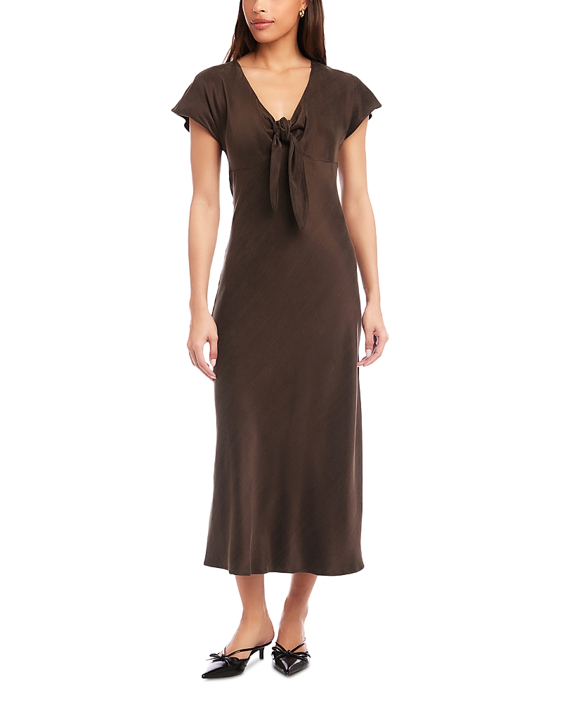 Fifteen Twenty Emmeline Tie Front Flutter Sleeve Midi Dress In Brown
