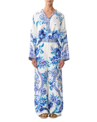 Silk Beaded Waist Wide Leg Pants