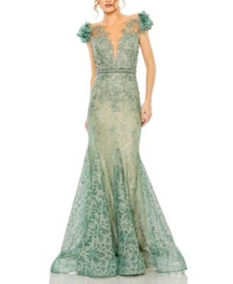  Embroidered Illusion Appliqued Bodice Trumpet Gown