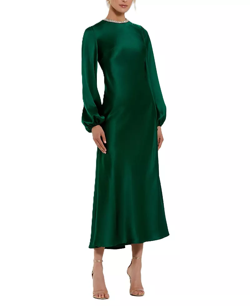 Mac Duggal High Neck Long Sleeve Crystal Detail Dress