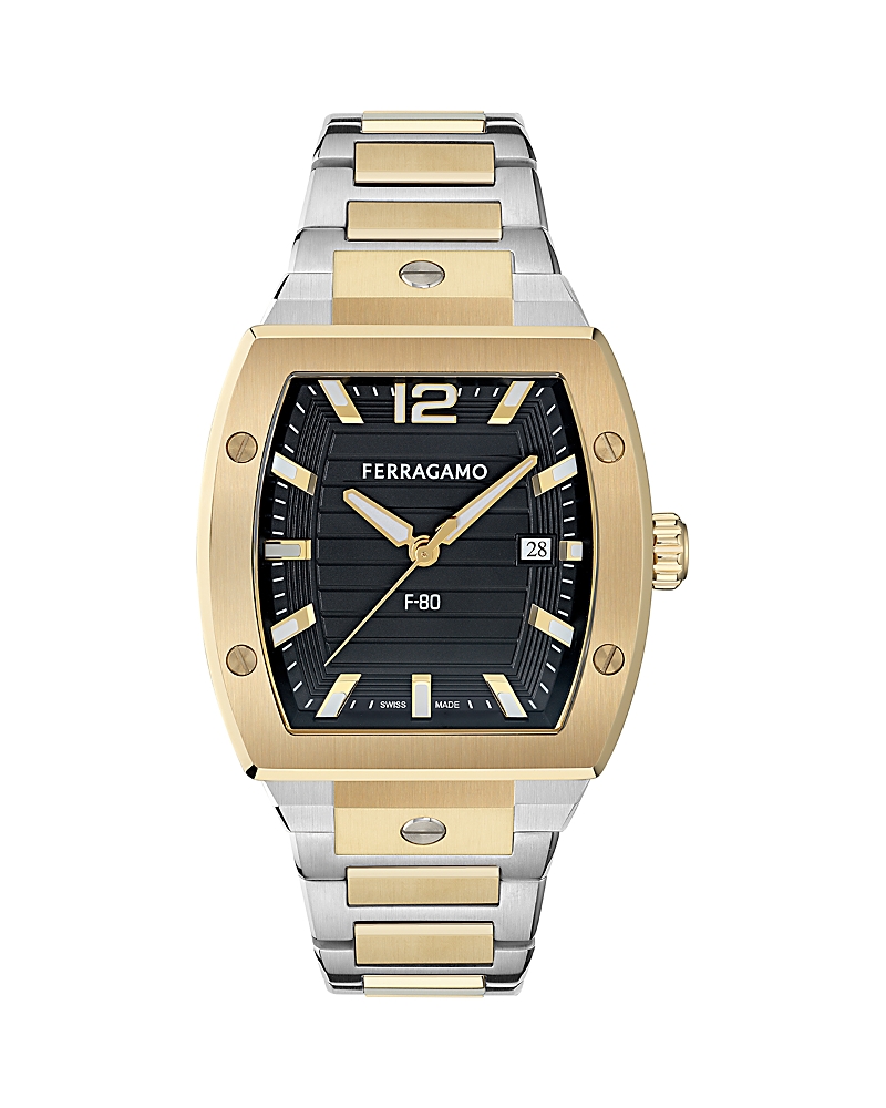 Ferragamo Men's Swiss F-80 Tonneau Two-tone Stainless Steel Bracelet Watch 42mm In Gold