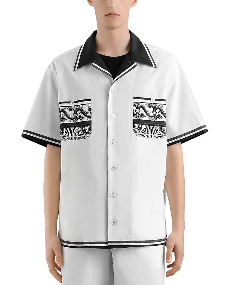 Dolce & Gabbana Short Sleeve Shirt With Contrast Collar And Graphic Print In Black