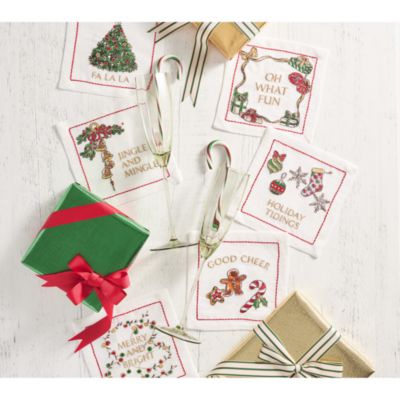 Merry and Bright Cocktail Napkin in White, Red &amp; Green, Set of 6 in a Gift Box