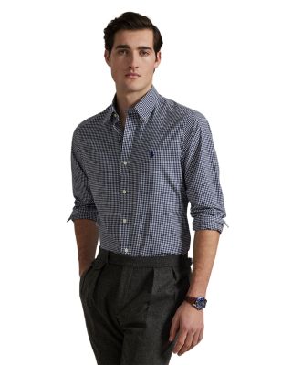 Cotton Stretch Poplin Gingham Check Classic Fit Button Down Shirt