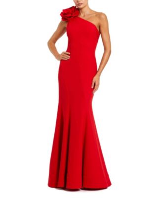  Crepe One Shoulder Mermaid Gown with 3D Flower