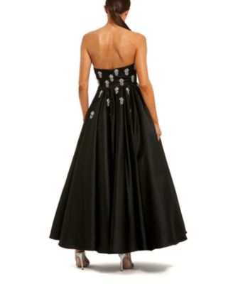 Crystal Embellished Strapless Satin A-Line Dress