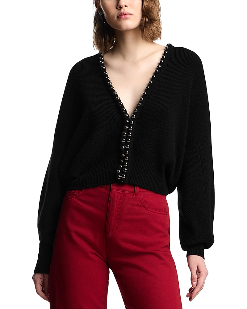 Emporio Armani Virgin Wool And Cashmere Cardigan With Oversized Metal Spheres In Black
