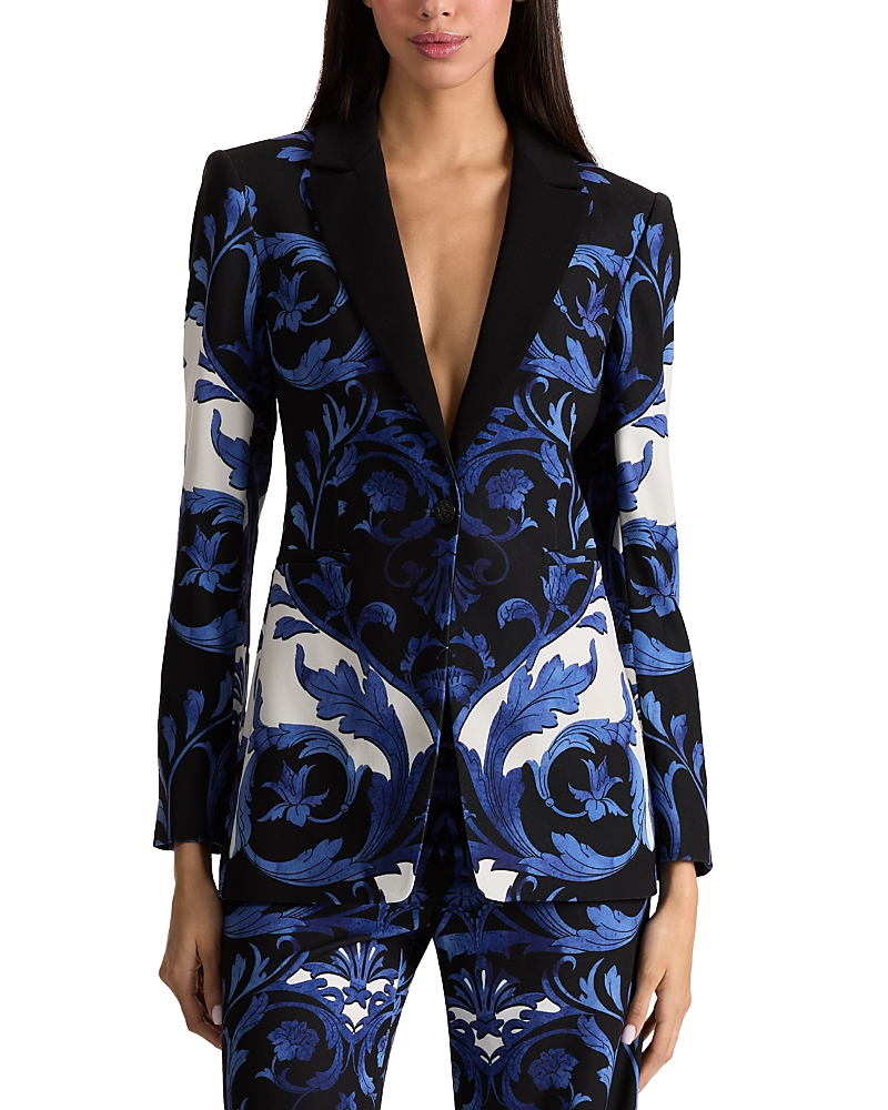 Alice And Olivia Breann Fitted Long Printed Blazer In Blue