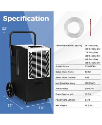  163 Pints Commercial Dehumidifier with Pump & Drain Hose Heavy Duty Dehumidifier