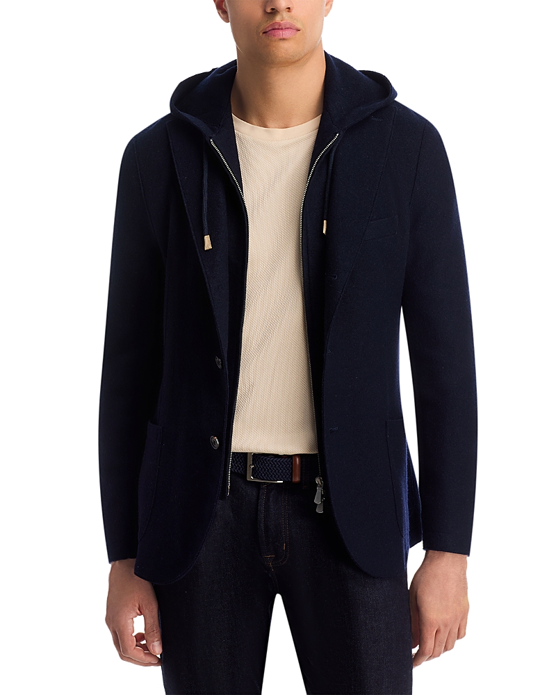 Eleventy Boiled Wool Slim Fit Sport Coat With Removable Full Zip Hoodie In Blue
