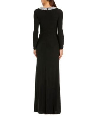 Jersey Long Sleeve Fitted Gown with Beaded Neck