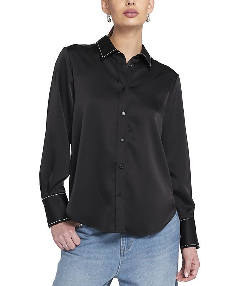 Elle Collection Sparkle Trim Satin Shirt In Black