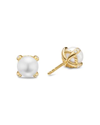 Cultured Freshwater Pearl Classics Stud Earrings in 18K Yellow Gold and Diamonds, 6.6mm