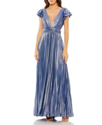 Ruffle Sleeve Cutout Pleated Metallic Gown