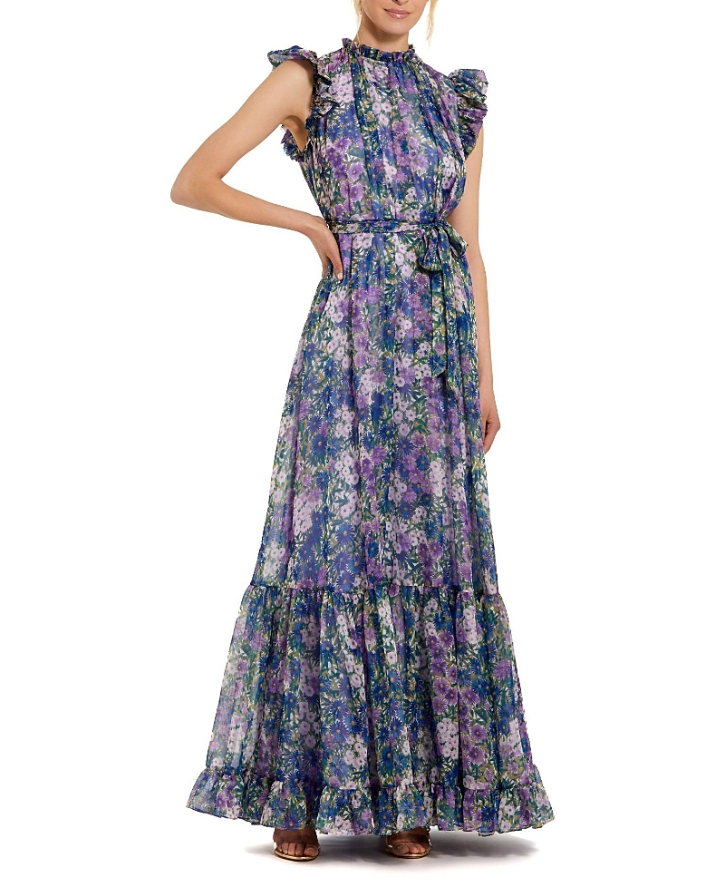 Mac Duggal Printed Chiffon Ruffle Sleeve With Bow Belt Gown In Blue