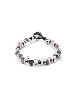 Sterling Silver-Plated Beaded Bracelet with Leather