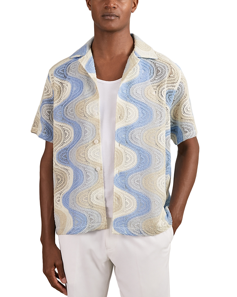 Reiss Wave Crochet Regular Fit Button Down Short Sleeve Cuba Shirt In Multi
